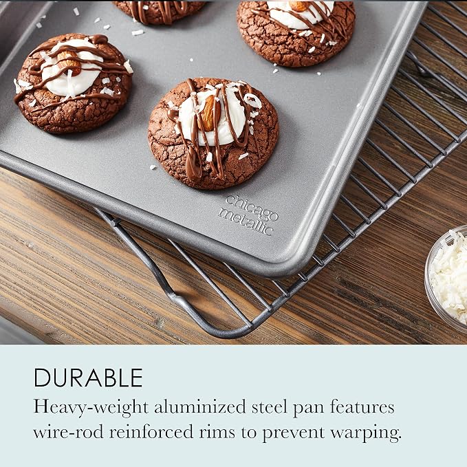 Chicago Metallic Commercial II Non-Stick Small Cookie/Baking Sheet. Perfect for making jelly rolls, cookies, pastries, one-pan meals, and more,12.25 by 8.75, Gray