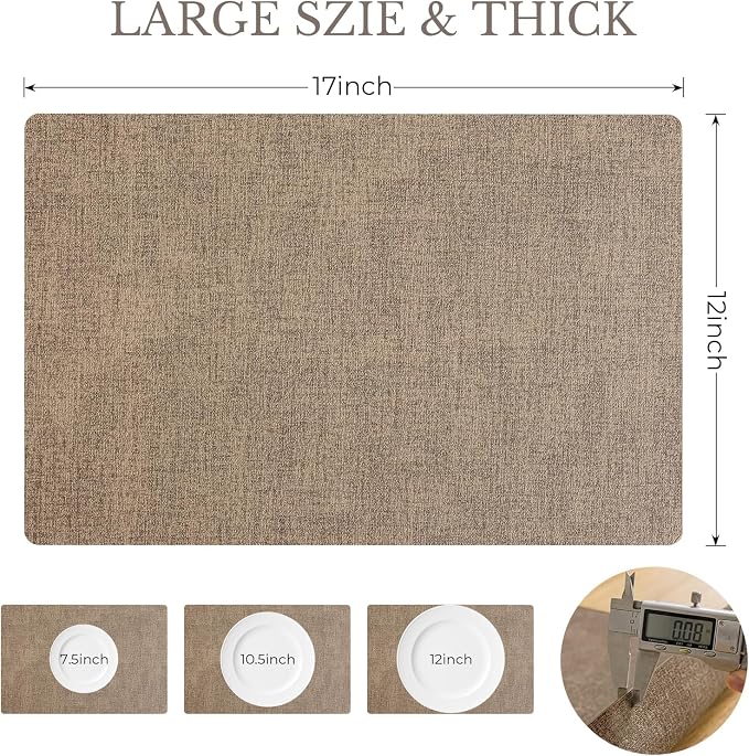 Romanstile Vinyl Placemats Set of 6-12 X 17 Inch - Faux Leather 100% Waterproof Wipeable Anti Slip Place Mats, Heat Resistant Reversible PU Table Mats for Kitchen Dining Party Outdoor, Coffee