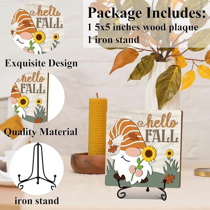 Hello Fall Home Decor Indoor, Autumn Gnome Thanksgiving Table Decor | 5"x5" Wood Plaque Gifts with Stand for Farmhouse Living Room Bathroom Kitchen Decoration - A05