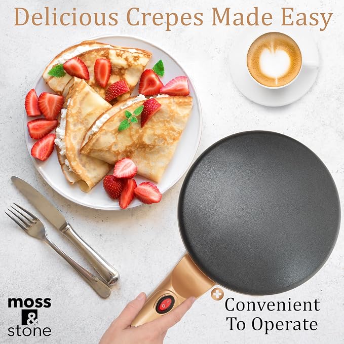 Moss & Stone Gold Electric Crepe Maker, 8" Portable Nonstick Crepe Pan | Nonstick dipping plate, auto shut-off, on/off switch, even heating, automatic temperature control, compact design