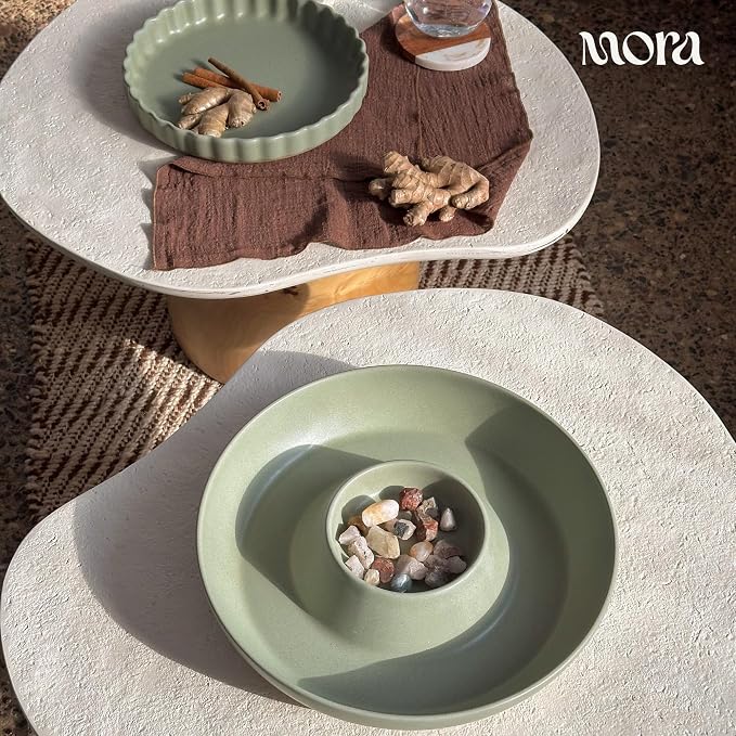 Mora Ceramic Chips and Dip Serving Tray: Large Divided Party Bowl Set for Chips & Salsa, Veggies & Dip, Fruit, Snacks, Entertaining, Hosting, etc. Minimalist Design for the Modern Hostess - Thyme