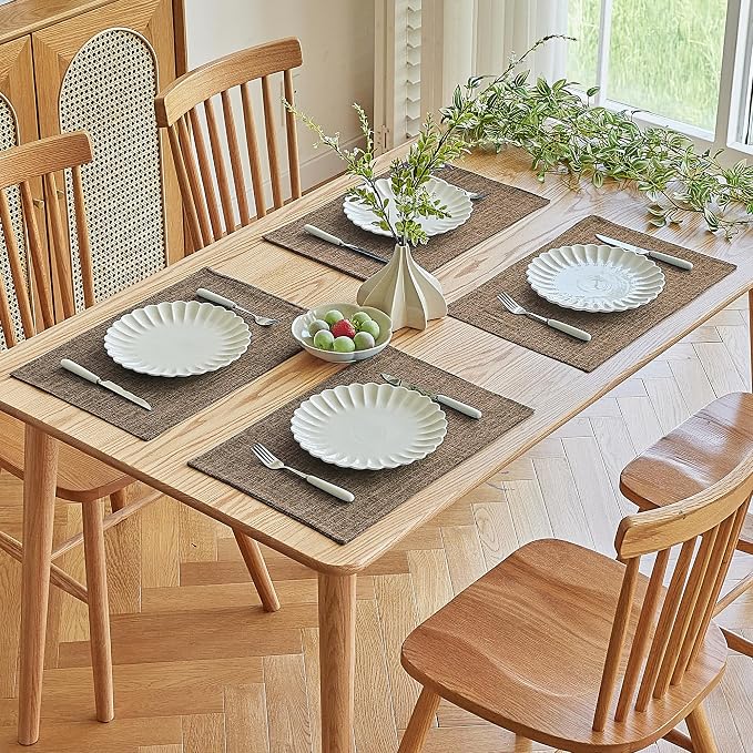 Softalker Faux Linen Placemats Set of 8-12 x 18 Inch, Heat Resistant Double Layered Durable Burlap Farmhouse Place Mats, Non-Slip Washable Rustic Table Mats for Dining, Kitchen, Party（Brown