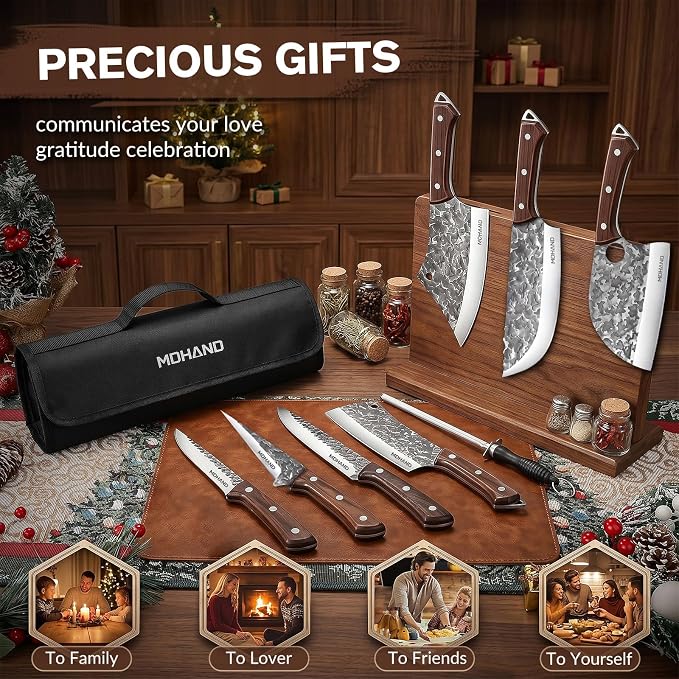 Butcher Knife Set, Hand Forged Butcher Chef Knife Set with Roll Bag | High Carbon Steel 14PCS Meat Cleaver Knife, Bone Chopper Knives, Fillet Knives for Kitchen, Camping Outdoor BBQ, Gift for Men