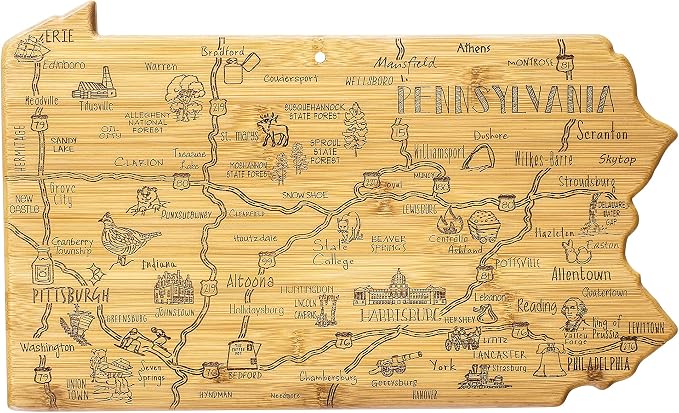 Totally Bamboo Destination Pennsylvania State Shaped Cutting Board | State charcuterie serving board with engraved map artwork. Smooth reverse side for food prep. Hang tie for wall display.