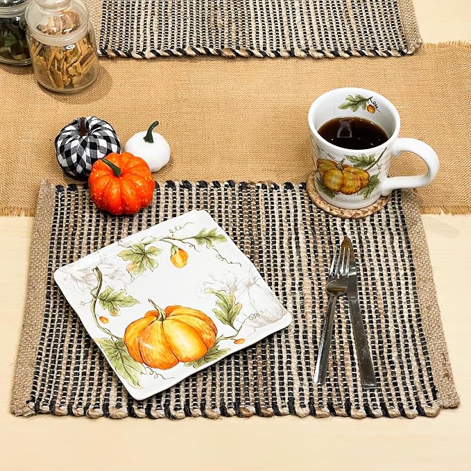 Natural Jute & Black Placemats, Set of 4 – Rustic Handmade Boho Table Mats, 13x19 Inch Dining Table Placemats for Kitchen, Everyday Meals, Holidays, Farmhouse or Modern Table Décor