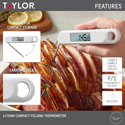 Taylor Folding Stem Display Food Instant Read Digital Thermometer, 0.7 Inch LCD Readout, White (1476WH)