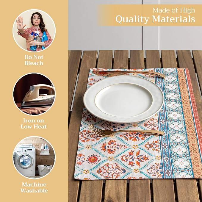 Maison d' Hermine Placemats Set of 4 Reusable 100% Cotton (13"x19") | Cloth Place Mats Washable Table Mats for Kitchen Dining Party Wedding Hotel Home Thanksgiving Christmas - Romane