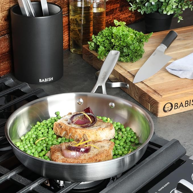 Babish 10-Inch Tri-Ply Stainless Steel Frying Pan – Professional Grade Skillet for Searing, Sautéing & Everyday Cooking
