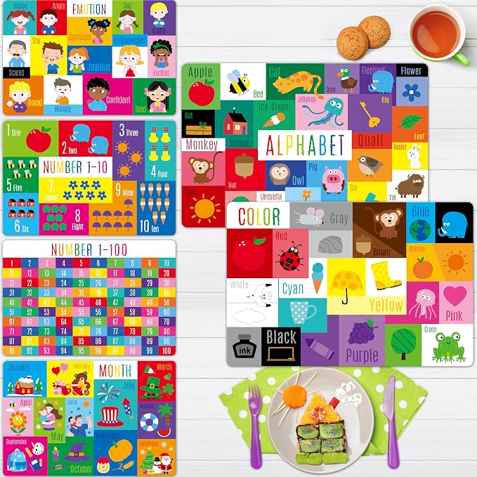 6 Pack Placemats for Kids, Non-Slip Washable, Reusable Alphabet, Number, Month, Color & Emotion Educational Placemats for Home, Kindergarten, Classroom, Nursery