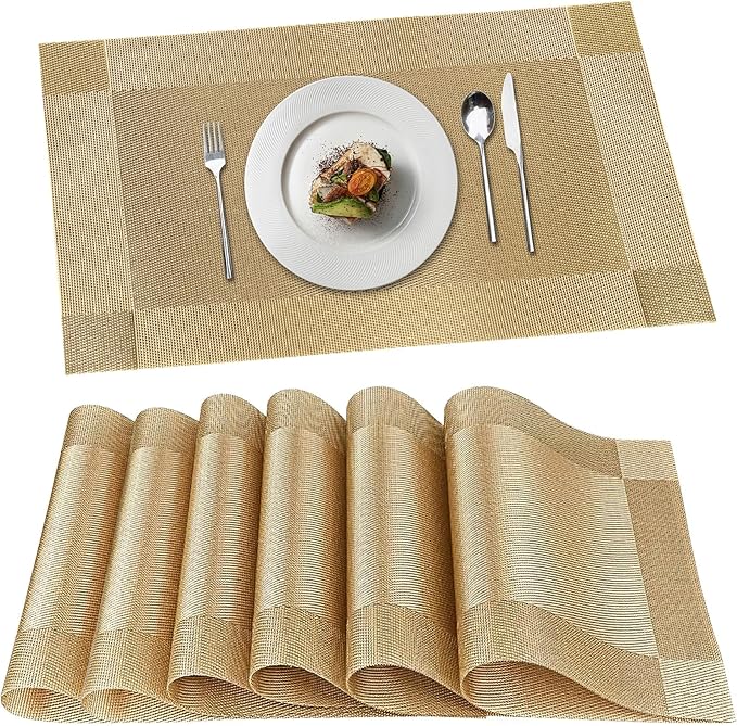 Placemats, Placemats Set of 6, Table Place Mats for Kitchen Dining, Heat-Resistant Anti-Skid Stain Washable PVC Table Mats, Easy to Cleaning Woven Vinyl Dinner Mats (Gold)