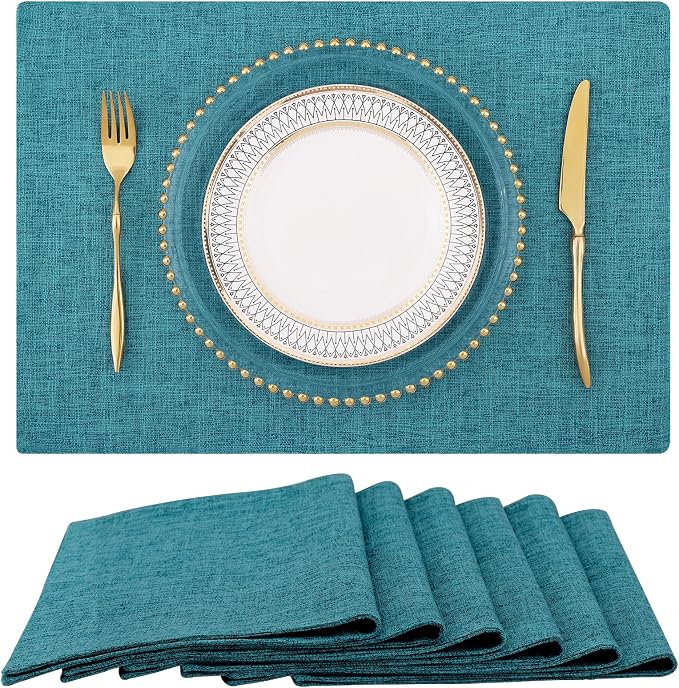 Faux Cotton Linen Placemats Set of 6, Cloth Washable Farmhouse Dining Table Mats for Indoors & Outdoors, Easy to Clean, Teal, 13 x 19 Inch