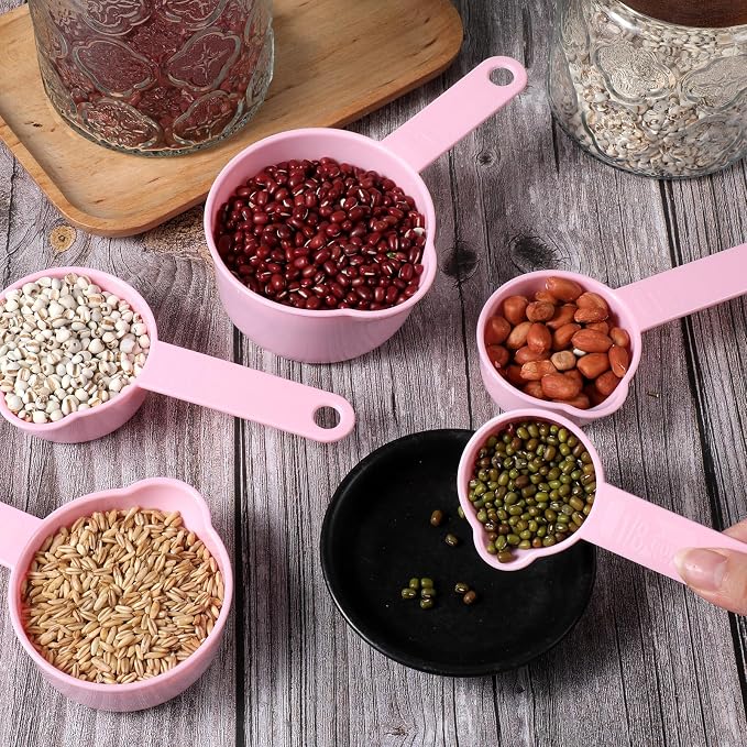 11Pcs Measuring Cups Pink Plastic Measuring Cup and Spoons, 5 Cups & 6 Spoons Set Kitchen Cup and Spoon Essentials Gadgets for Cooking & Baking Color Pink