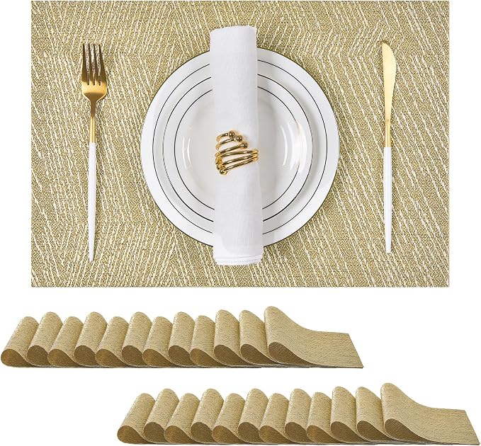 Leetaltree Gold Placemats Set of 24 - Heat Resistant Non-Slip Place mats for Dining Table, Washable Durable PVC Vinyl Woven Table Mats(Luxury Gold, 24)