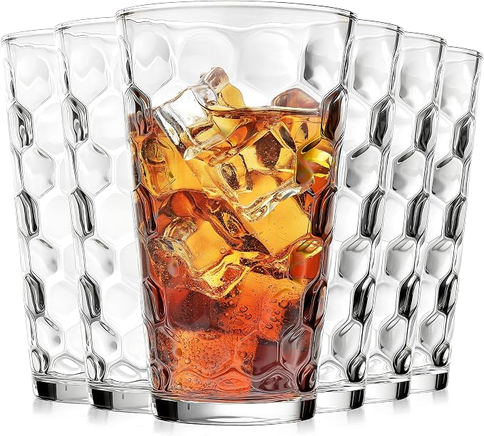 ALINK 16 oz Drinking Glasses, Set of 6 Highball Glass Cups Bar Glasses, Clear Heavy Base Stemmed Water Glasses for Beer, Iced Coffee Cups, Cocktail Glasses, Wine, Iced Tea, Dishwasher Safe