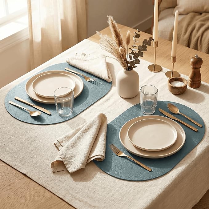 Artoid Mode Blue Faux Leather Oval Placemats Set of 6, 12 x 18 Inch Waterproof Wipeable Heat Resistant Vinyl Place Mats, Reversible Table Mats for Kitchen Dining Decor