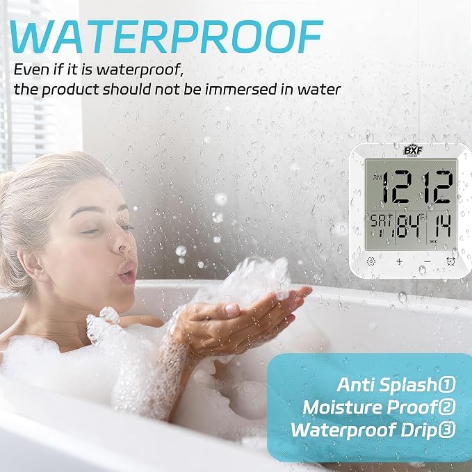 Digital Shower Clock Waterproof,Bathroom Extra Large LCD Screen Wall Clock Timer,Countdown,Moisture Proof,Anti Splash,Display Temperature,Time,Date and Week,Suction Cup,Hanging,Hole Stand