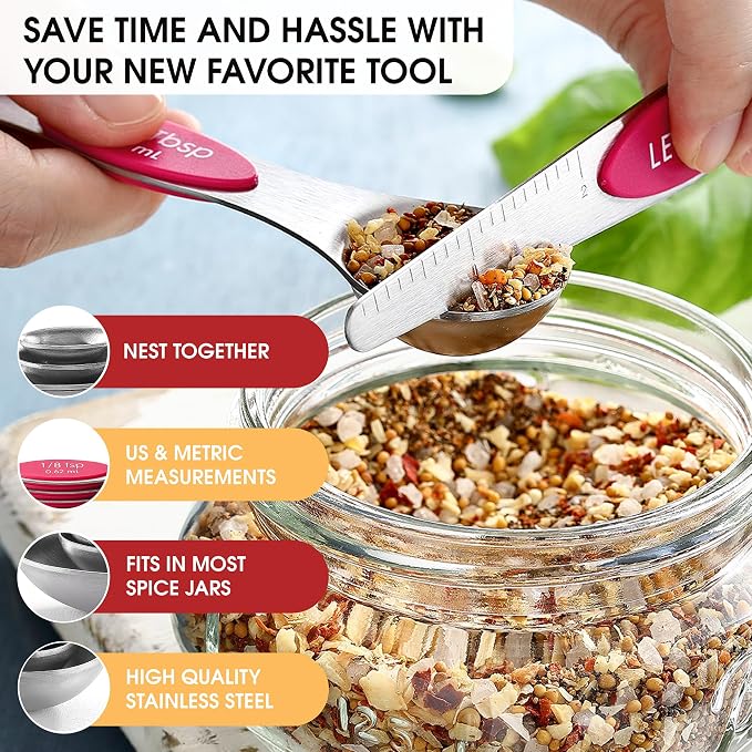 Spring Chef Dual Sided Magnetic Measuring Spoons Set of 8 for Kitchen, Pink | Stainless Steel Teaspoon & Tablespoon Measuring Spoons with Leveler for Dry & Liquid Ingredients, Nesting, Dishwasher Safe