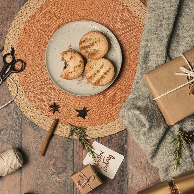 Round Placemats Set of 6, Woven Table Mats, Wide Edge, Orange | Braided Paper Edge, 15 Inch Diameter, Fits Dinner Plate and Flatware, Wipeable, Heat Resistant, Indoor Dining, Outdoor Patio