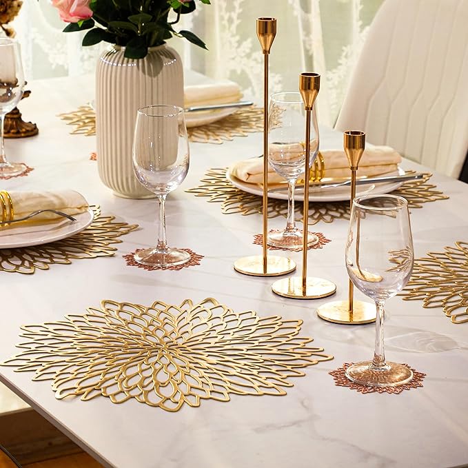 Snowkingdom Pack of 18 Gold Placemats Metallic Round Leaf Bulk Pressed Vinyl Dinning Kitchen Table Charger Mats Decorations for Mothers Day Wedding Party Birthday Event Holiday Christmas Thanksgiving