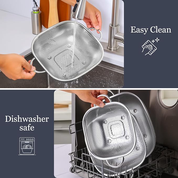E-far Stainless Steel Colander Set of 3, Square Strainers and Colanders | Metal Kitchen Strainer with Handle for Draining Pasta Vegetable, Micro-Perforated & Elevated Feet, Dishwasher Safe(2.4/4/6QT)