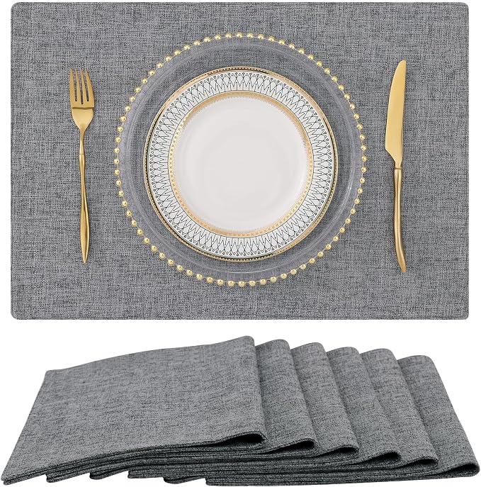 Faux Cotton Linen Placemats Set of 6, Cloth Washable Farmhouse Dining Table Mats for Indoors & Outdoors, Easy to Clean, Dark Grey, 13 x 19 Inch