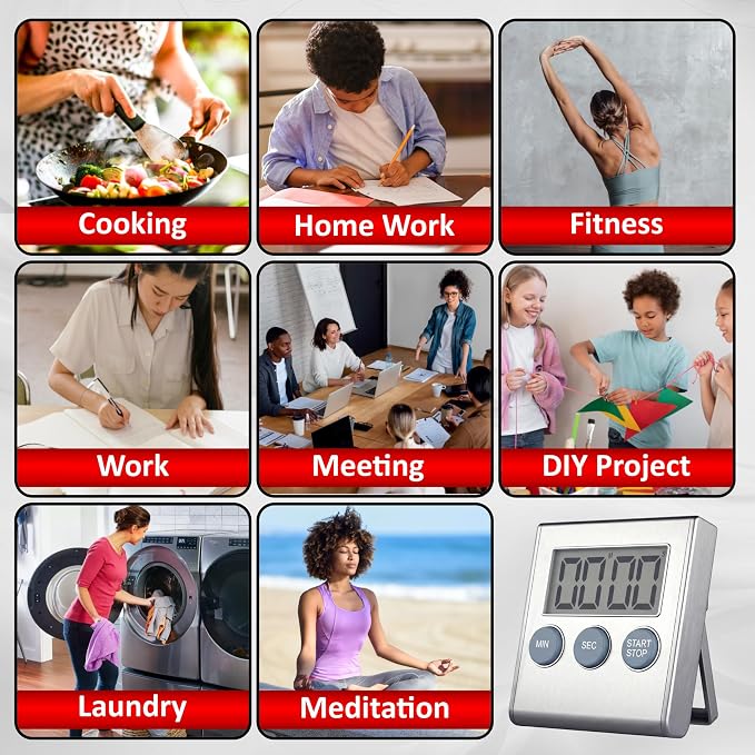 Digital Kitchen Timer with Loud 80dB Alarm & Large Display | Magnetic countdown timer with adjustable stand, auto memory, stopwatch feature for cooking, classroom, study, kids - Silver