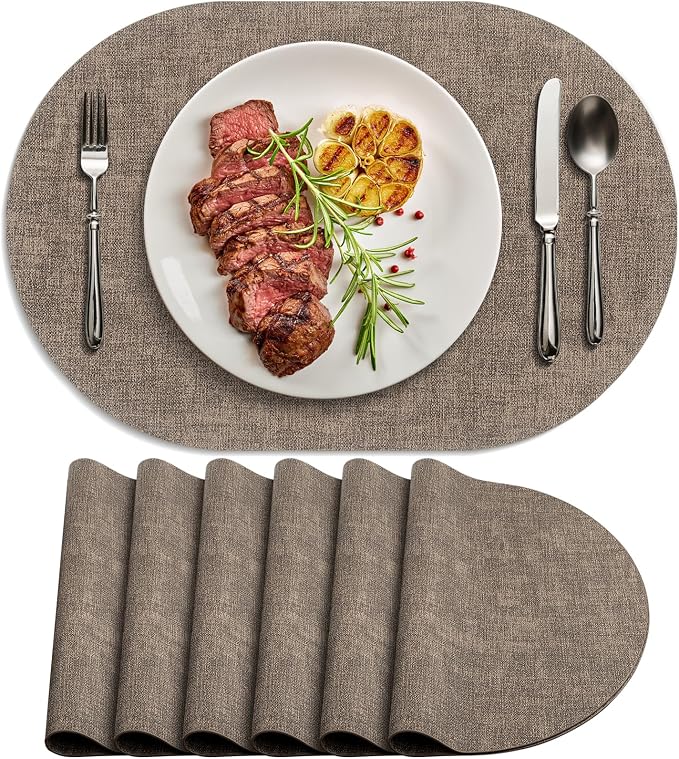 Placemats Set of 6 - Washable Heat Resistant Table Placemats - Wipeable Faux Leather Oval Place Mats, Waterproof Table Mats for Dining Table, Dark Brown