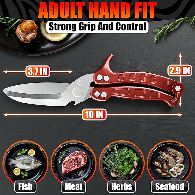 Kitchen Shears Heavy Duty, Safety Lock, Stainless Steel (Red) | Poultry Shears for Chicken, Turkey, Spatchcock, Fish; Bone Cutting Scissors, Micro-Serrated, Spring-Loaded, Separate to Clean