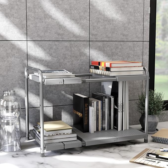 Simple Houseware Under Sink 2-Tier Heavy Duty Expandable Organizer, Silver | Adjustable Width 15.75–25 Inches with 4 Shelf Height Levels