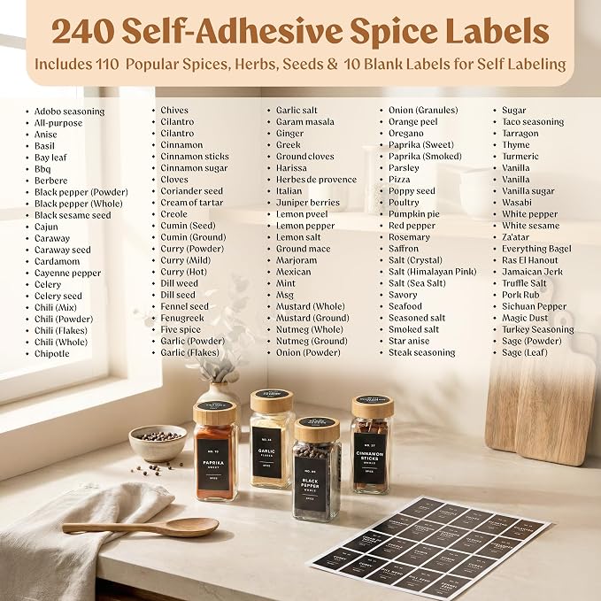 Square Glass Spice Jars (24 x 4oz) with Bamboo Lids + Magnetic Spice Rack for Refrigerator (Fits 12 Jars) + Bonus Slim Auxiliary Rack, 240 Labels, Shaker Inserts, Funnel