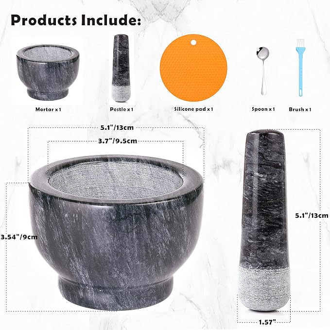 Mortar and Pestle Set, Guacamole Bowl Polished Natural Marble Stone, Grinder and Crusher, with Silicone Mat & Spoon - 300ml(Medium, Dark Gray)