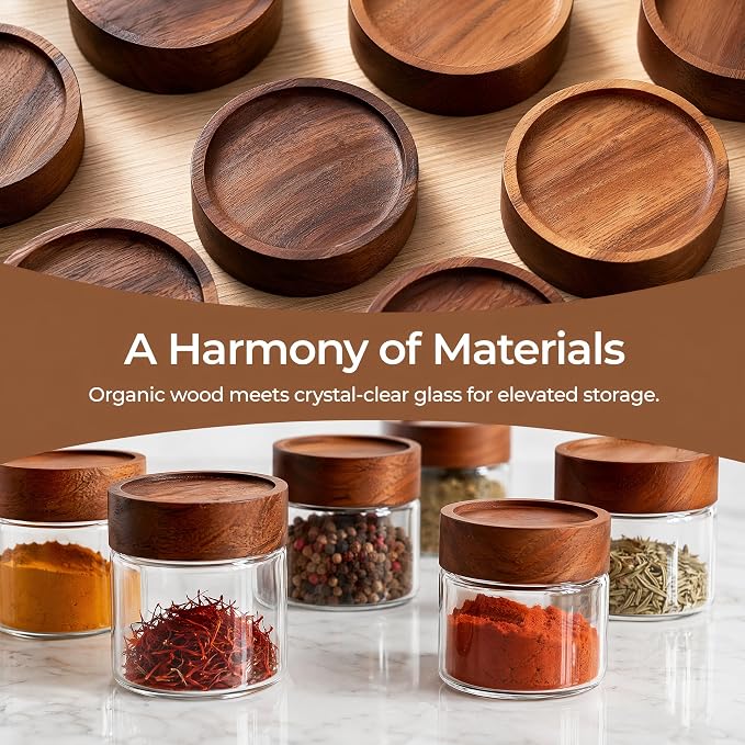 6‑Pack Small 4 Fl Oz (118 ml) Glass Jars w/Wood Lids & Spoons | Built‑in PP insert & silicone seal; airtight for oats, yogurt, spices, chia pudding & pantry