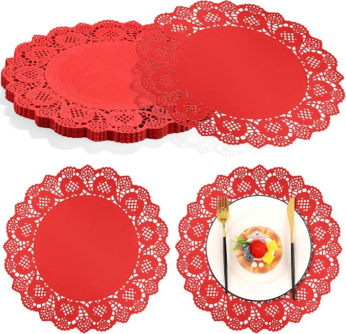 MCEAST 100 Pack Round Red Paper Doilies 13.5 Inches Lace Paper Place Mats Rustic Scallop Doily Disposable Table Pads for Food Cakes Crafts Party Weddings Tableware Decor