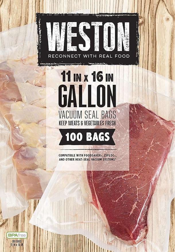 Weston 11" x 16" Gallon Vacuum Sealer Bags For Meal Prep & Sous Vide | 2 Ply 3mm Thick | Compatible With NutriFresh & FoodSaver | BPA Free | 100 Count | Clear