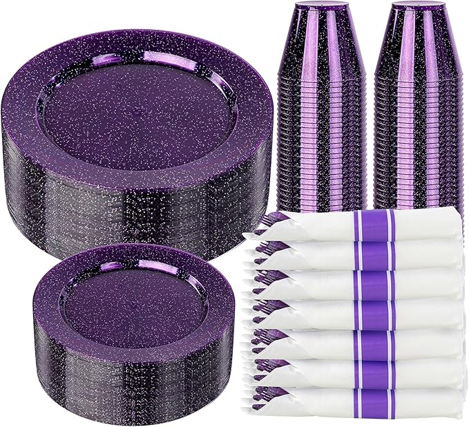 DaYammi 350 Pieces Purple Glitter Dinnerware Set 50 Guest for Party- 50 Dinner Plates, 50 Dessert Plates -50 Per Rolled Napkins with Purple Cutlery - 50 Disposable Cups 9 OZ