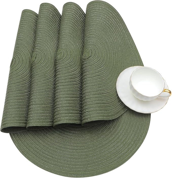 SHACOS Round Placemats Set of 4 Washable 15 inch Round Table Mats Cotton Polyester Woven Braided Place Mats for Dining Table Wedding Party Decor (Olive Green, 4)