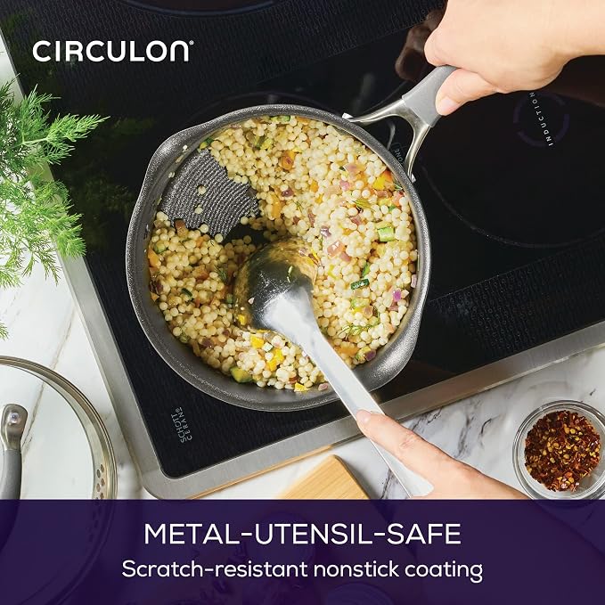 Circulon A1 Series w/ ScratchDefense Nonstick Induction Straining Sauce Pan with Lid, 3-Quart, Saucepan with Pour Spout, Graphite