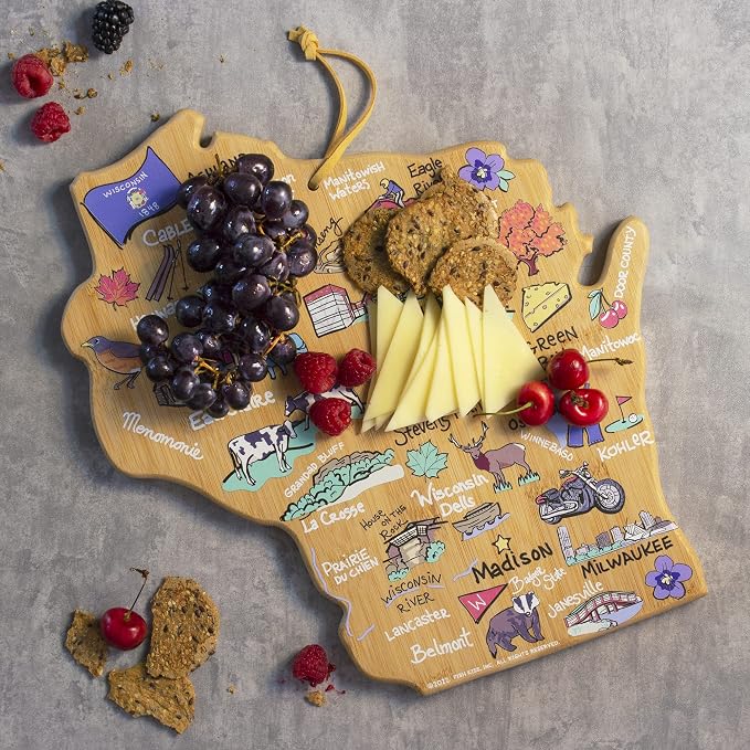 Totally Bamboo Wisconsin State Shaped Cutting Board, Art by Fish Kiss | State charcuterie board with colorful hand-drawn map artwork. Smooth reverse side for food prep. Hang tie for wall display.