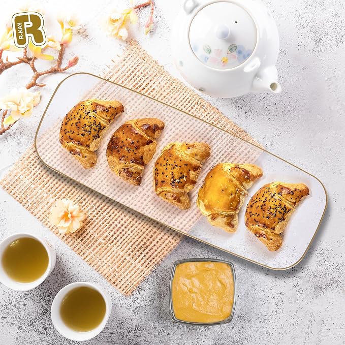 R-kay 4 Pack Plastic Serving Trays For Party - Gold Serving Tray 17 by 6.5 Inch - Heavy Duty Clear Trays For Food - Long Party Serving Trays For Entertaining - Clear Platters