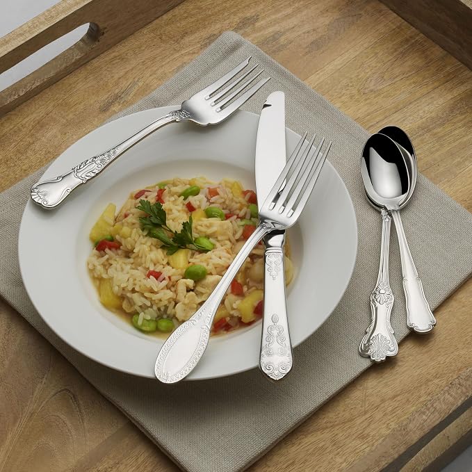 Wallace Hotel 77-Piece Flatware Set, 18/10 Stainless Steel Silverware Set for 12 with Filigree Handles, Dishwasher Safe Cutlery Set for Formal Dining
