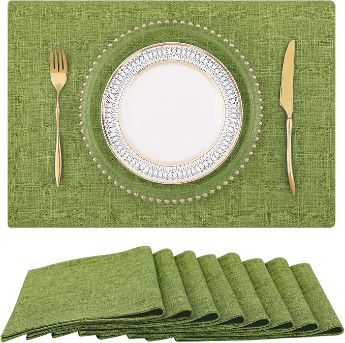 Faux Cotton Linen Placemats Set of 8, Cloth Washable Farmhouse Dining Table Mats for Indoors & Outdoors, Easy to Clean, Grass Green, 13 x 19 Inch