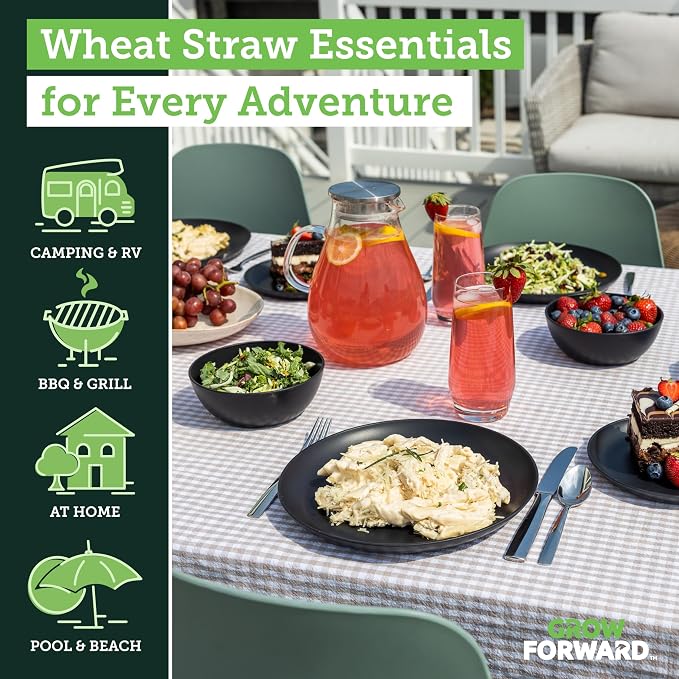 Grow Forward 24-piece Premium Wheat Straw Dinnerware Sets for 8 - Unbreakable Dishwasher & Microwave Safe Plastic Plates and Bowls Sets - Patio, Outdoors, RV, Camping Dishes - Midnight