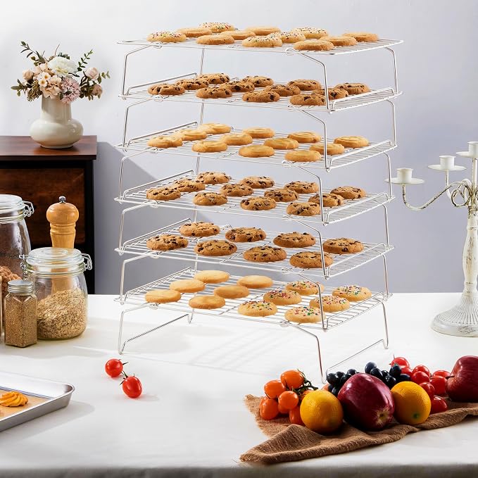 LIANYU 4-Tier Stackable Cooling Rack for Cooking & Baking, 10"x15", 2 Pack | Stainless Steel Collapsible Cooling Rack for Cookies, Cakes, Baking Wire Racks Fits Jelly Roll Pan, Oven & Dishwasher Safe