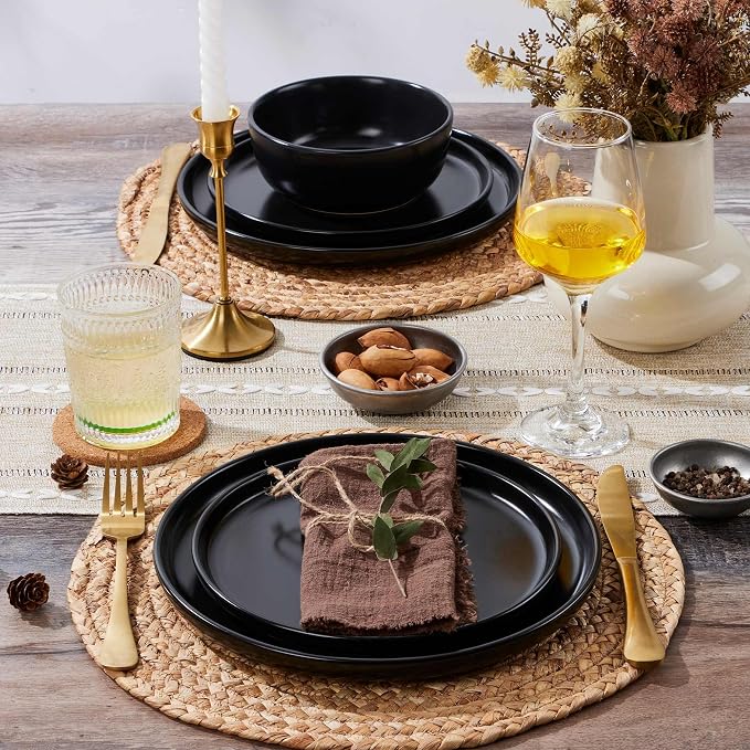 LIANYU Porcelain Dinnerware Sets, 12 Piece Dishes Set for 4, Black Onyx | Ceramic Durable Plates and Bowls, Chip and Scratch Resistant Dishware Dishes Set, Dishwasher & Microwave Safe Stoneware Set