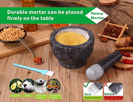 Mortar and Pestle Set Polished Natural Marble Guacamole Molcajete Bowl, Spices Grinder with Silicone Pad, Stainless Steel Spoon and Brush, 300ml Capacity Crusher(Medium, Dark Gray)