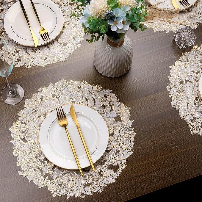 Evevda Gold Placemats Set of 6 Hollow Out Vinyl Dinner Table Mats | Non Slip Washable Place Mats for Dining Tables Kitchen Wedding Party Restaurant Decor