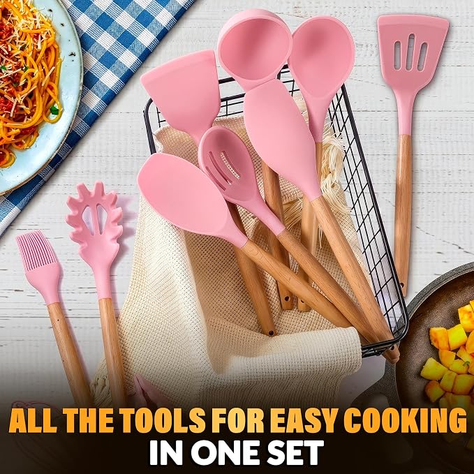 Kitchen Utensils Set with Holder for Nonstick Cookware - 12 Pcs Pink Silicone Cooking Utensils Set, Kitchen Tools for Daily Cooking - Wooden Handle Cooking Tools for Baking Serving and Mixing Tasks