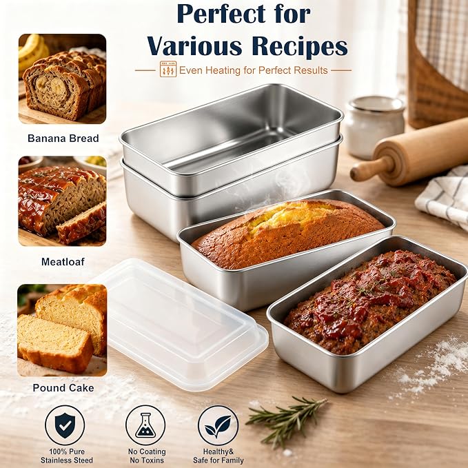 E-far Loaf Pan with Lids, 9 x 5 Inch Stainless Steel Bread Pans Set of 2 | for Homemade Bread, Rectangle Baking Tins for Sourdough, Meatloaf, Banana Cake, Nontoxic & Dishwasher Safe