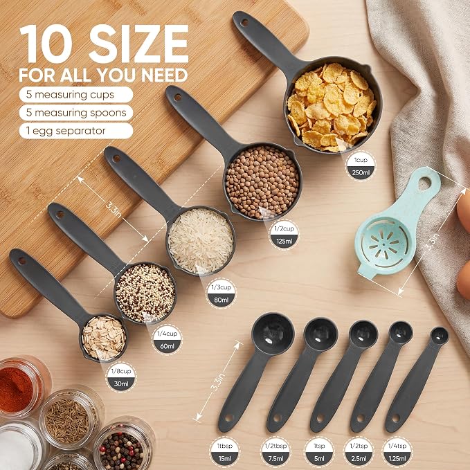 Measuring Cups and Spoons Set of 10 pcs, Nesting Measuring Set with Spout for Dry and Liquid Ingredient (Gray)