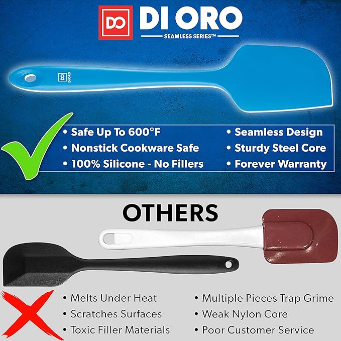 DI ORO Large Silicone Spatula - 600F Heat Resistant, Blue | Rubber scraper for baking, mixing, and frosting; Won't scratch nonstick pots and pans; BPA-free and dishwasher safe